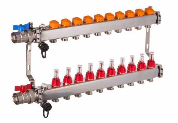 Dyna Heizkreisverteiler für Fußbodenheizung mit 10 Kreisen und automatischer Durchflussregelung